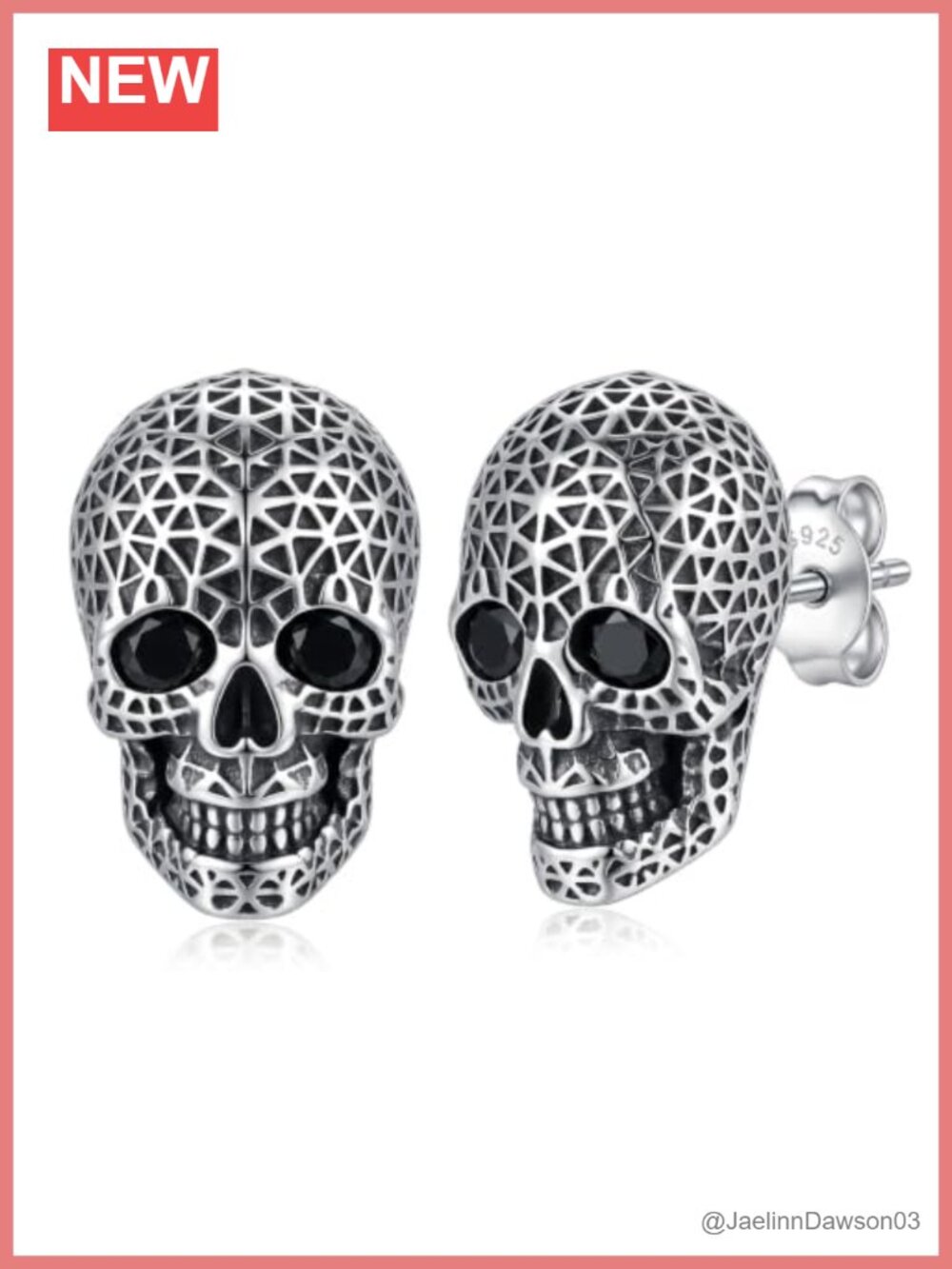 Skull Stud Earrings 925 Sterling Silver Black Onyx Push Back